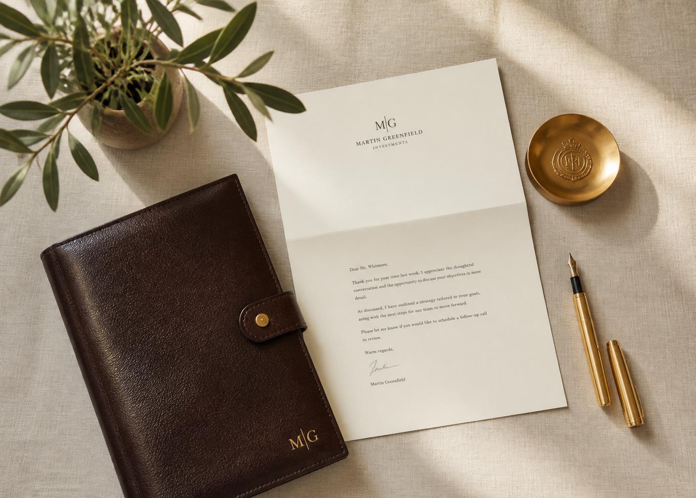 Private office desk with leather portfolio, letterhead, and fountain pen